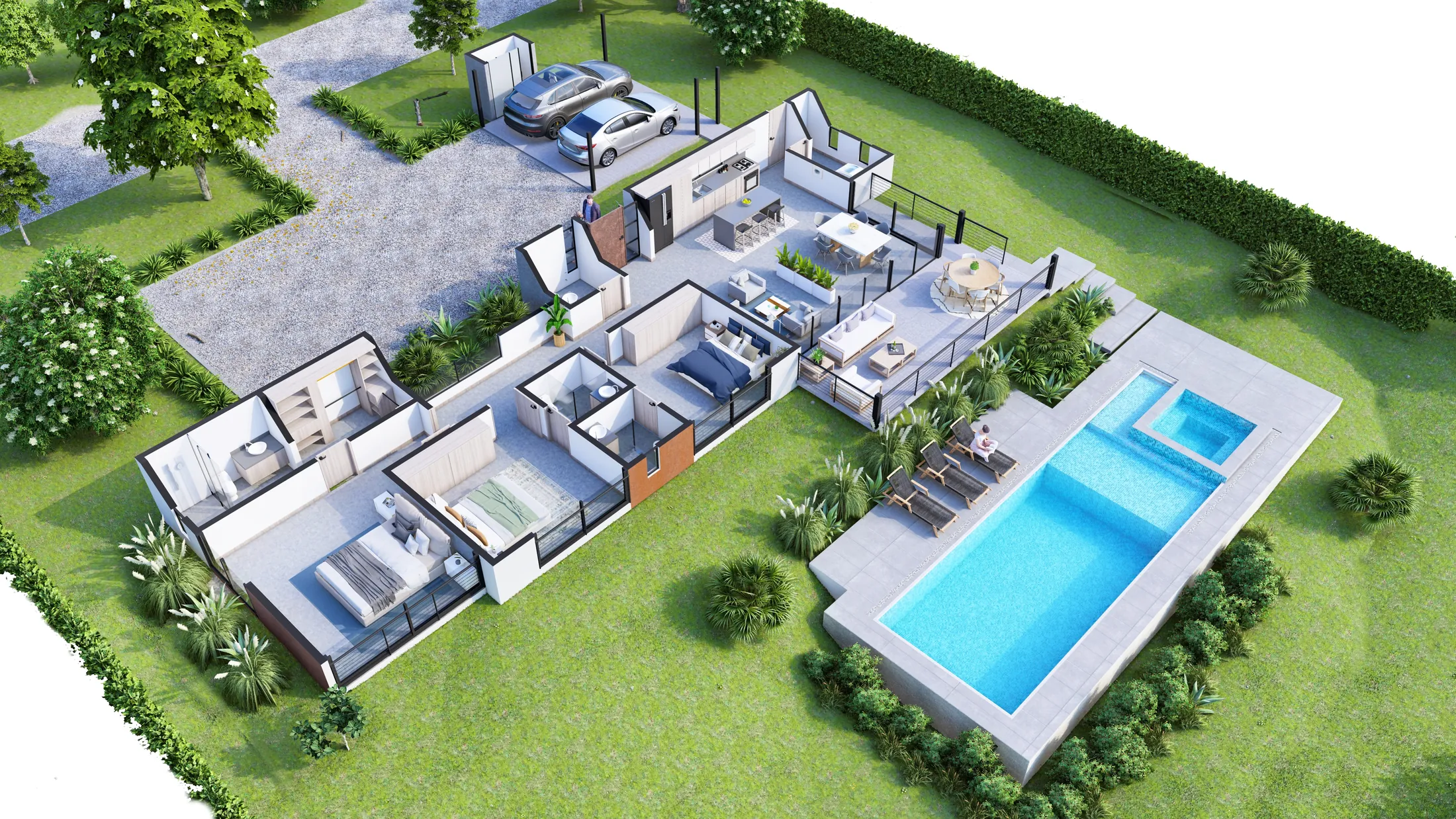 Render isometrico del modelo Ilan de Hacienda Primavera con piscina
